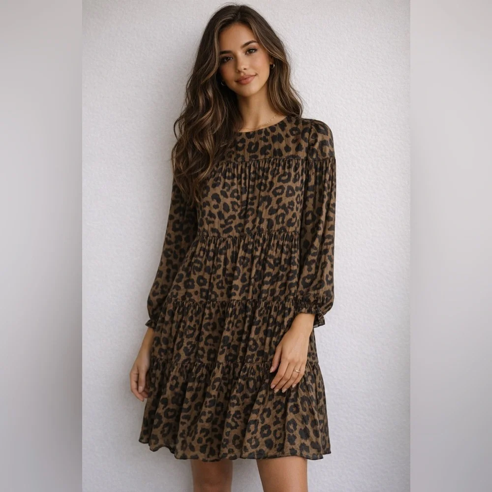 Banana Republic Leopard Print Tiered Dress | Sheer Long Sleeve | Size XS - Picture 1 of 4
